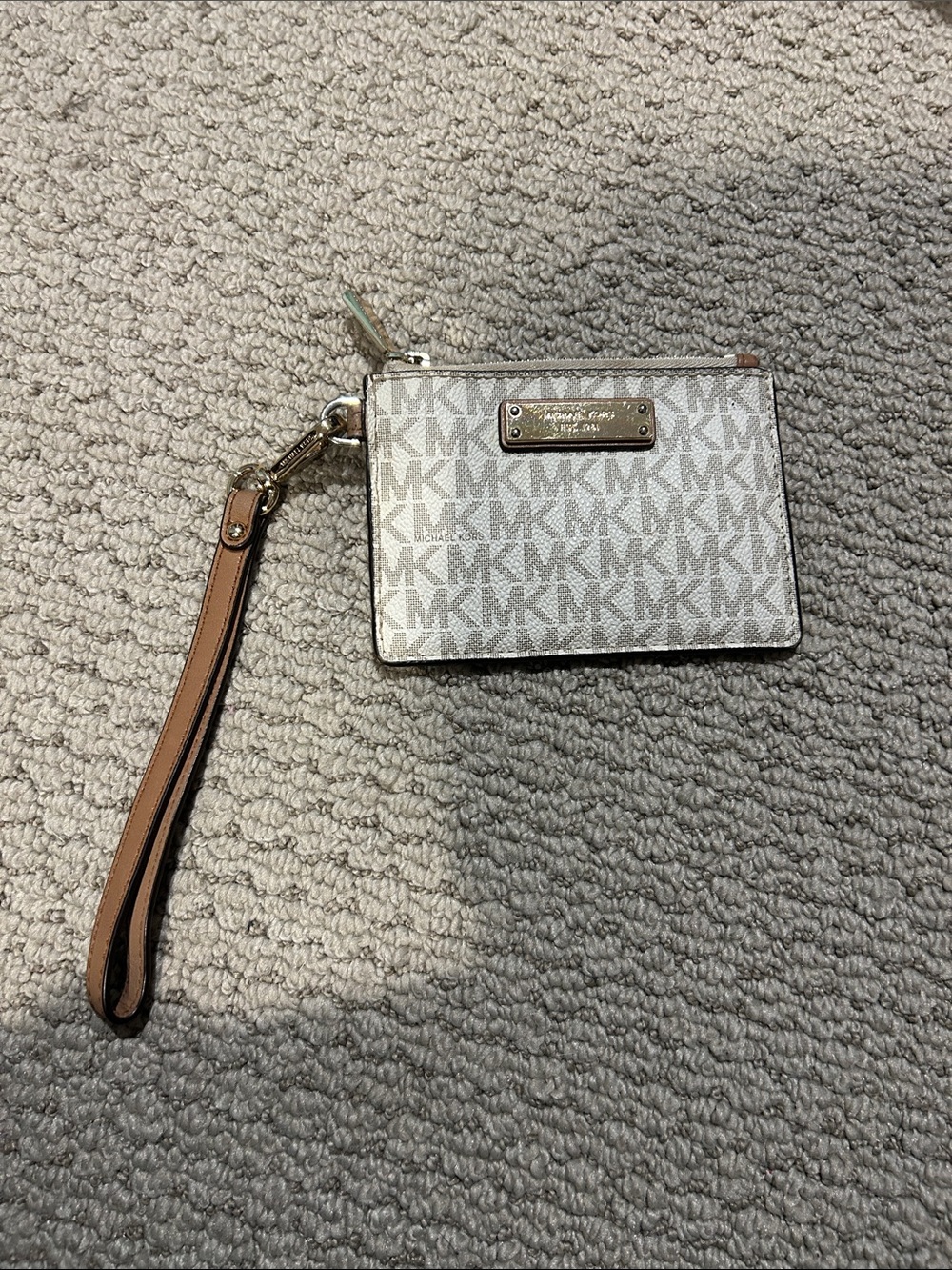 Michael Kors Gray/Beige Signature MK Wristlet with Tan Strap